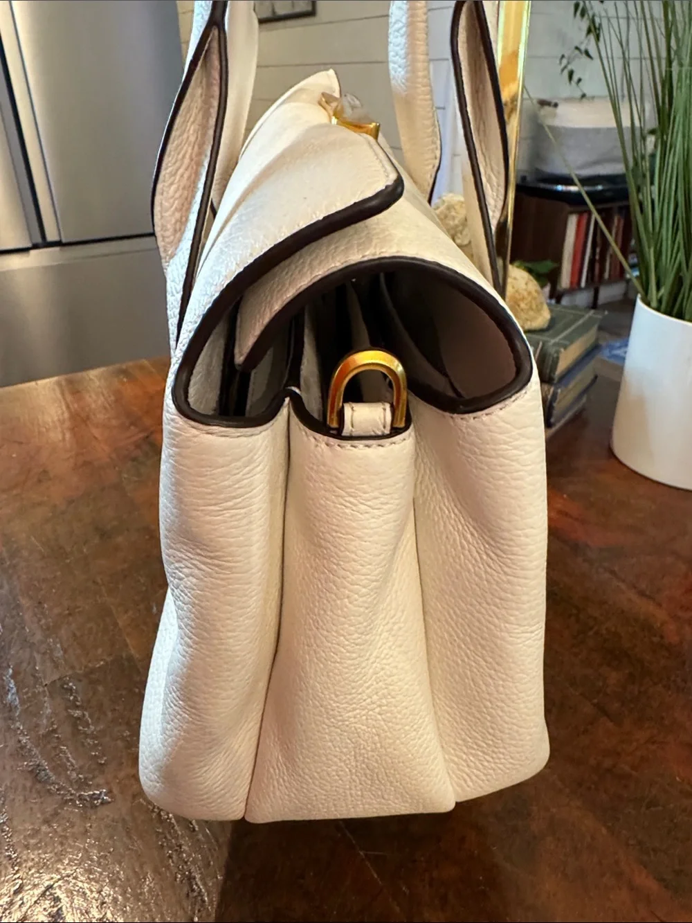 Donna Karan Amagansett White Pebbled Leather Satchel with Gold Hardware